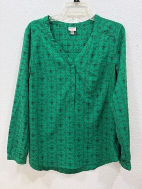 Merona Emerald Green Printed V-Neck Long Sleeve Lightweight Top Medium